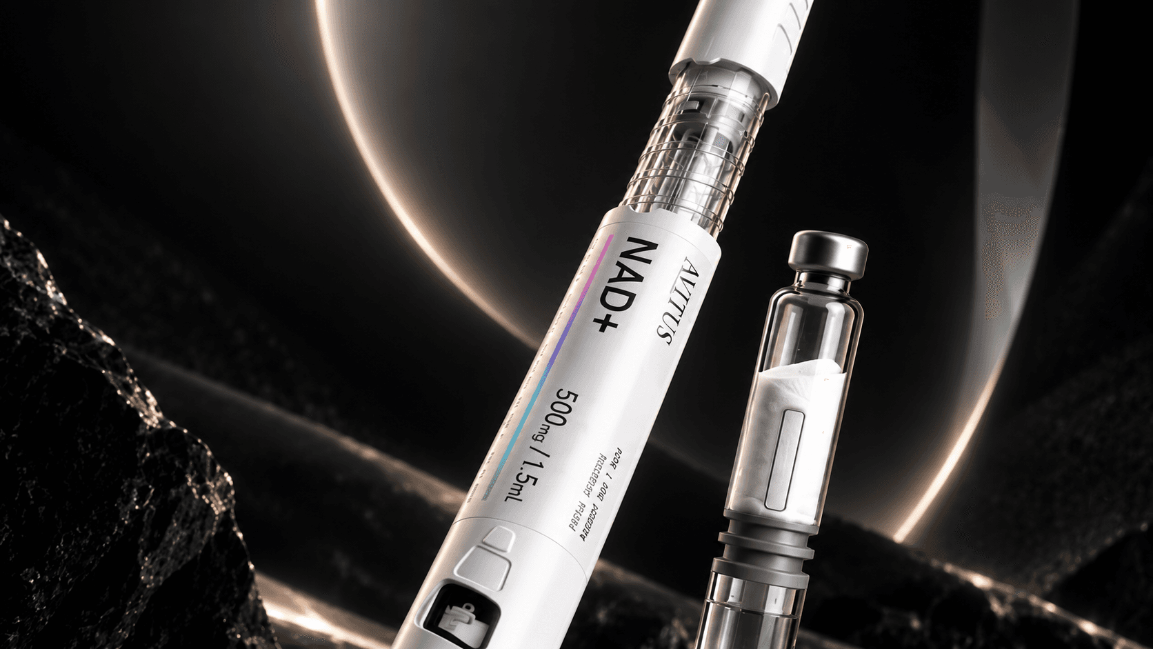 AVITUS NAD+ — close-up of the transparent chamber, pen and cartridge